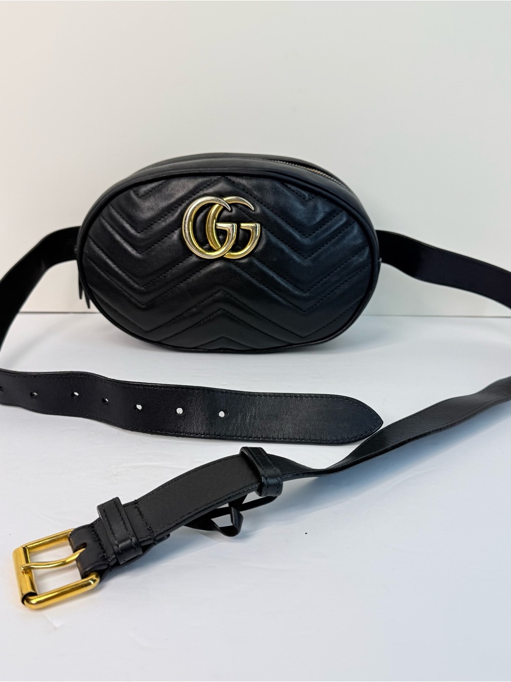Gucci Black Chevron Quilted Leather GG Marmont Belt Bag with Gold Hardware